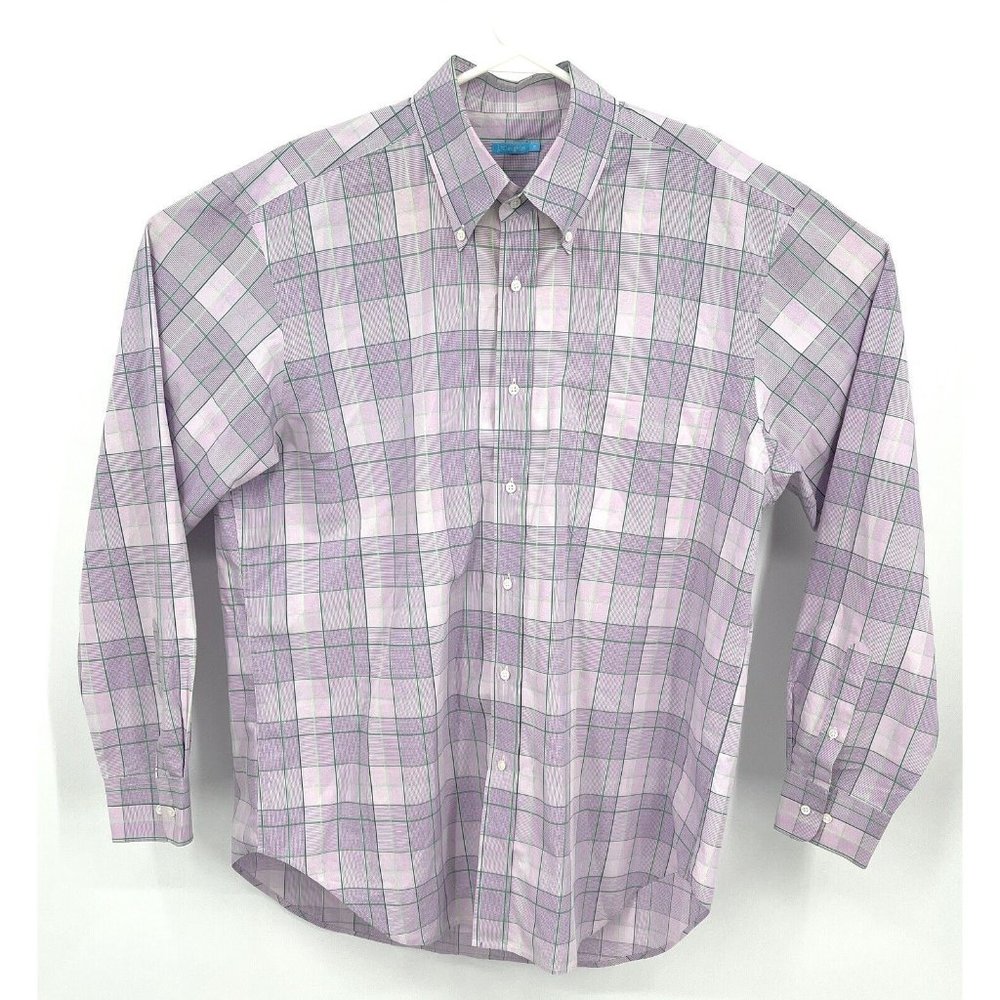 J Mclaughlin Shirt XL Purple Green Check Button-up Long Sleeve 100% Cotton